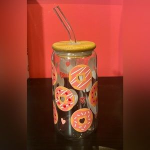 Donuts w/ Valentine Sprinkles 16oz Glass Libby Cup w/ Glass Straw